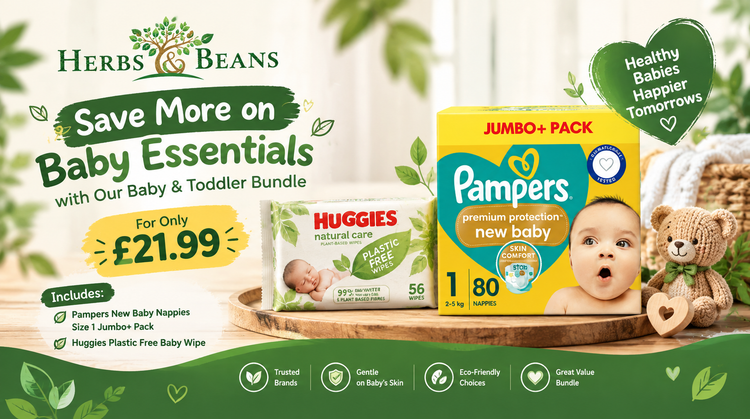 Baby and toddler bundle with Pampers New Baby nappies and Huggies baby wipes for £21.99 - Herbs & Beans online grocery UK